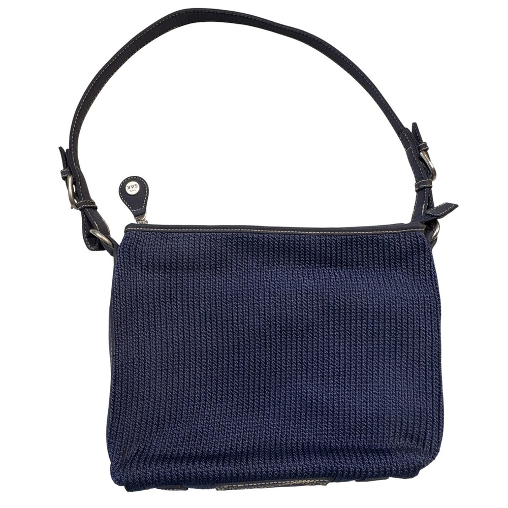The Sak Navy Blue Crochet Shoulder Bag Zip Top Hobo Purse Harlequin Lining